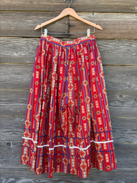 Vintage Pfister Red Folk Skirt with Attached Eyelet Petticoat