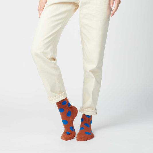 Socks | Brown and Blue Polka Dot Crew Sock | Unisex