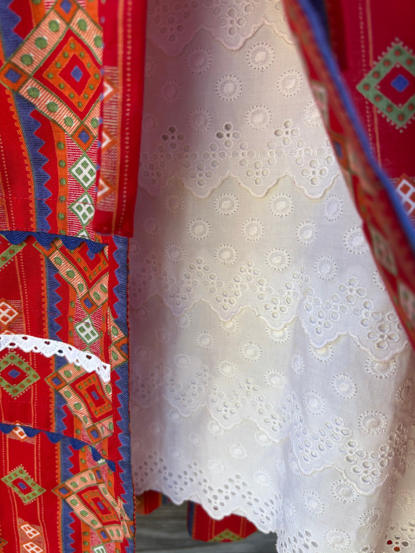 Vintage Pfister Red Folk Skirt with Attached Eyelet Petticoat