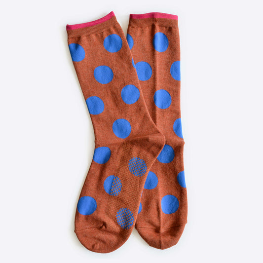 Socks | Brown and Blue Polka Dot Crew Sock | Unisex