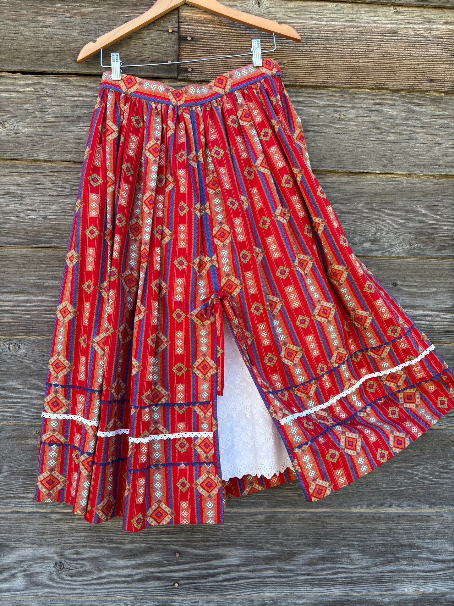 Vintage Pfister Red Folk Skirt with Attached Eyelet Petticoat