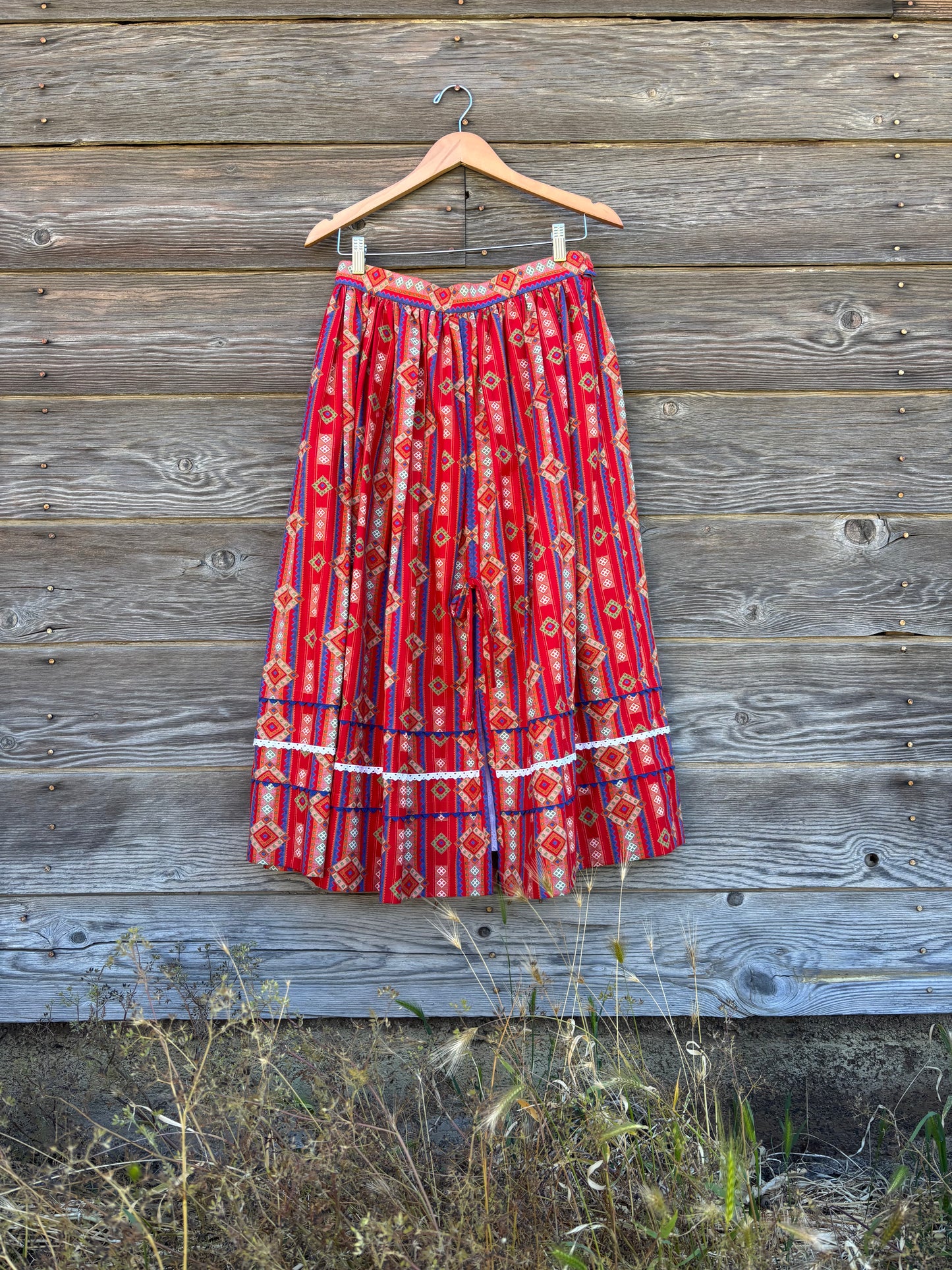 Vintage Pfister Red Folk Skirt with Attached Eyelet Petticoat