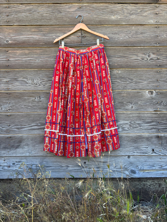 Vintage Pfister Red Folk Skirt with Attached Eyelet Petticoat