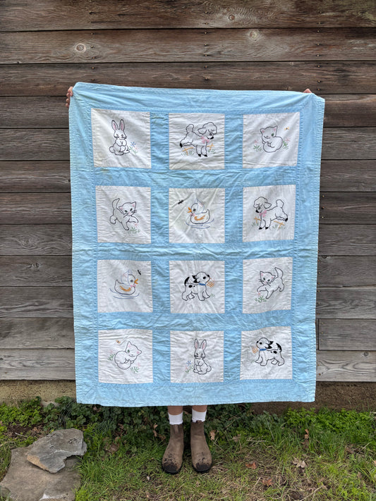 Baby Blanket | Hand Embroidered | Baby Animals Quilt