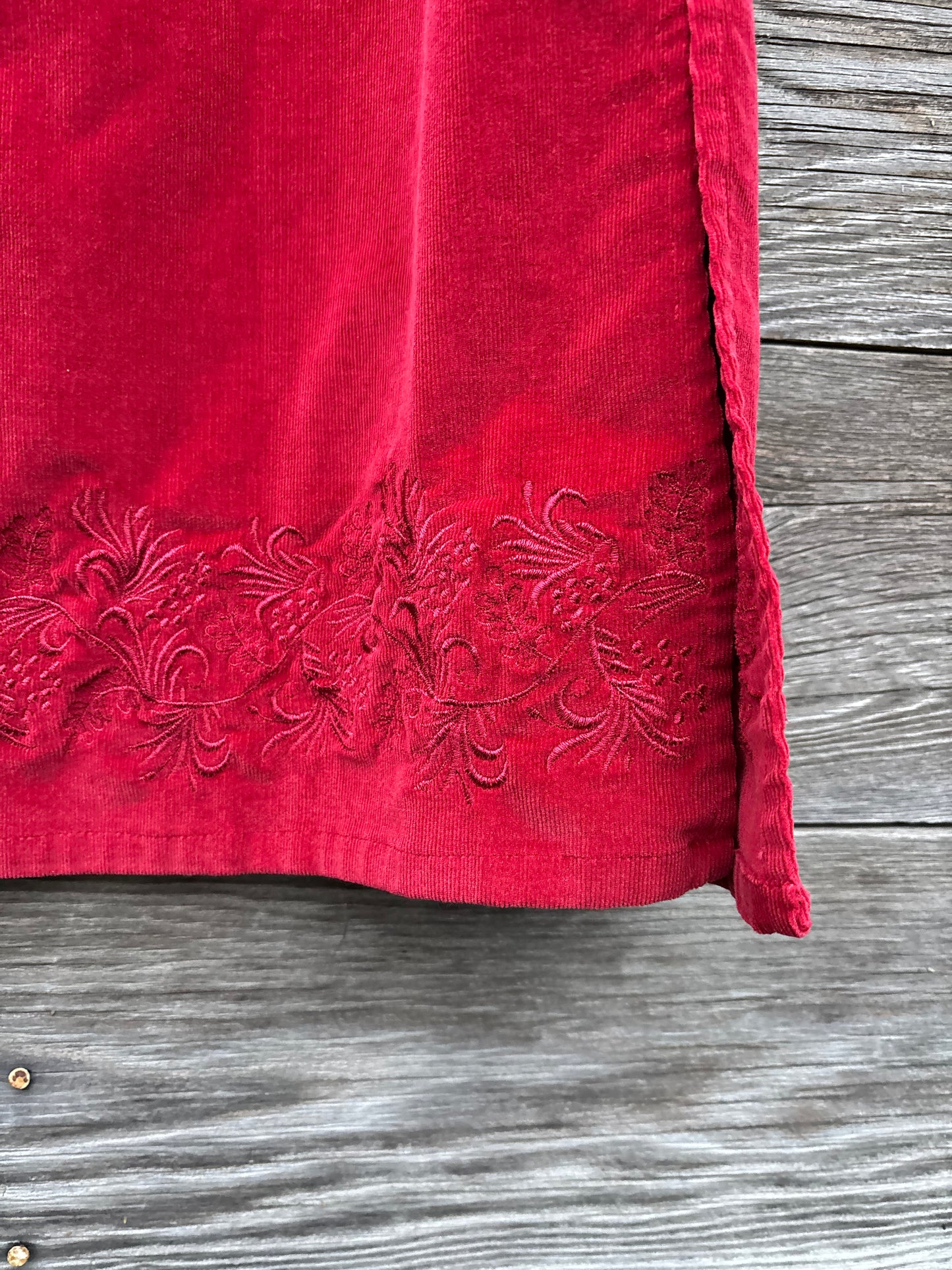 Royal Robbin’s red corduroy skirt