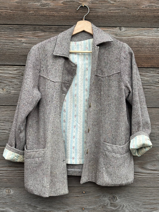 Handmade gray tweed coat with floral lining