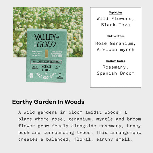 Misc Goods Co. - Valley of Gold Incense Cones – Wildflowers, Rose & Rosemary | Clean Burning, 20-Pack